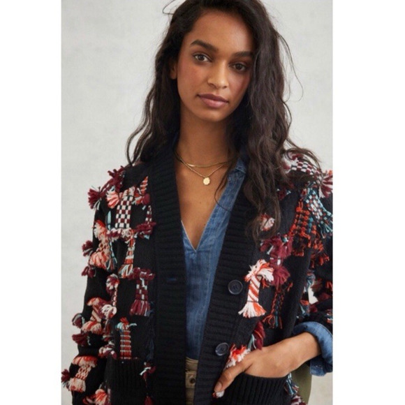 Anthropologie Sweater Size Medium Othilia Cardigan Felia Fringe Puff Sleeve - Picture 3 of 13